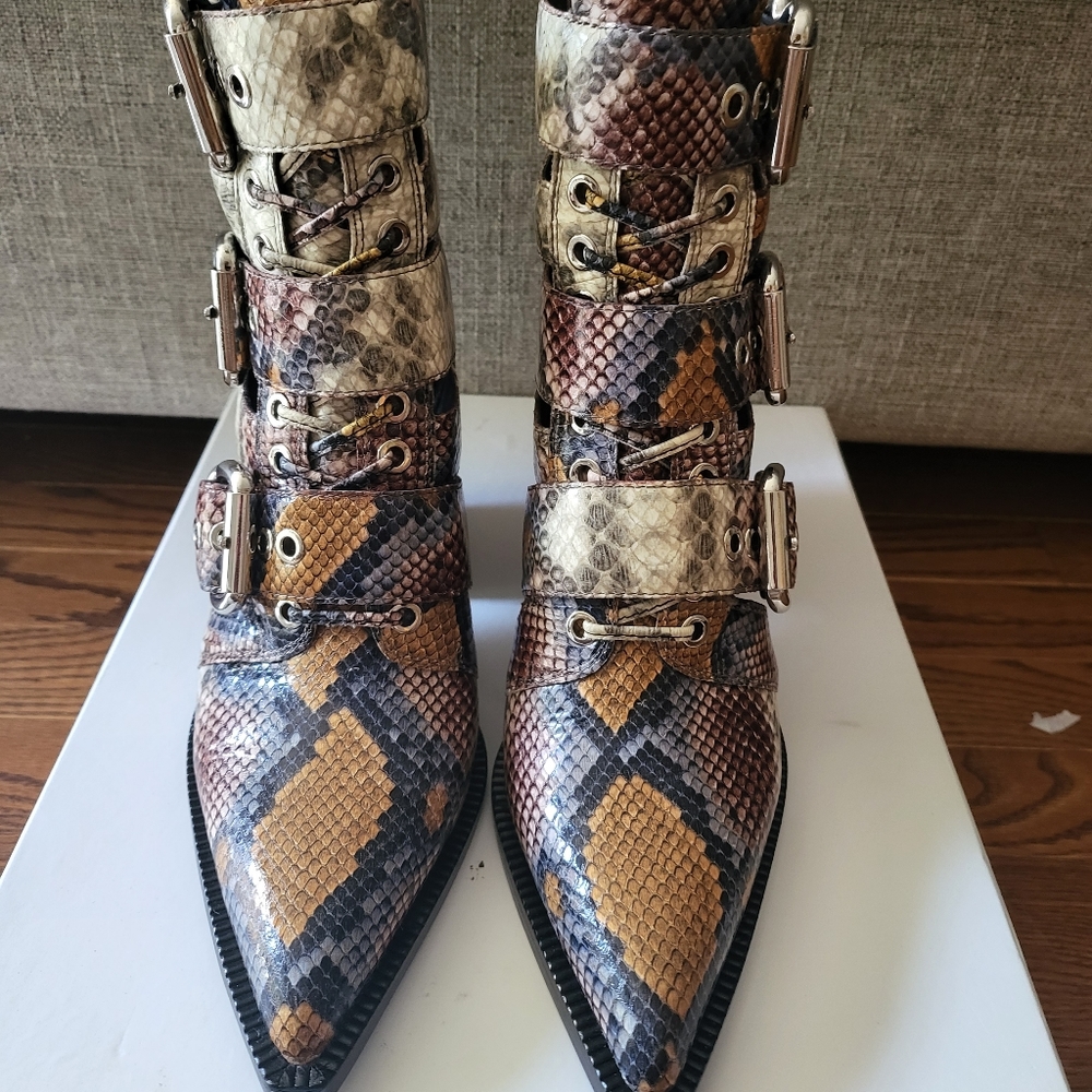 Snake-Print Pointed Ankle Boots with Buckles - Brown/Black/Cream